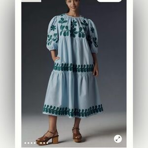 By Anthropologie Embroidered Puff-Sleeve Midi Dress